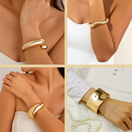 4PCS Chunky Gold Bangles Cuff Bracelet Stack Jewelry Set for Women - Open2