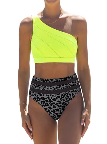 popvil One Shoulder Swimsuits Women High Waisted Bikini Sets Women Bathing Suit Tummy Control Two Piece Swimsuit