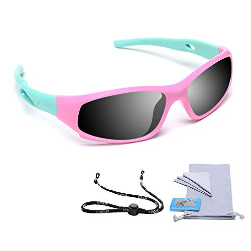 Aoduoke Kids Polarized Sunglasses Sports For Boys Girls Children Youth Sunglasses With Adjustable Strap (Pink&Green | Grey Lens) #TOP1