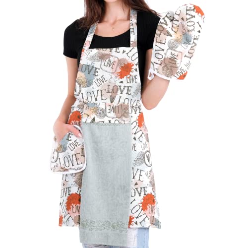 Lverdy Küchenschürze Kochenschürze, Grillschürze BBQ Schürze Set, Vierteiliges Set (Schürze, Handtuch, Ofenhandschuh und Topflappen) Model Tulipa (Grau) Cover