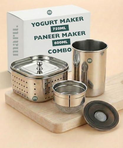 Image of Maru Stainless Steel Yogurt Maker 750ml & Paneer Maker 600ml Combo Set, Easy to Use Hung Curd Maker, Greek Yogurt & Fresh Paneer & Sprouts Making Strainer, Durable Dairy Straining Tools