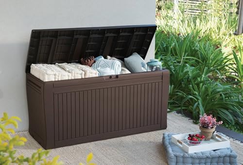Dmora - Baúl de almacenamiento Exterior Cotronei, Cofre de jardín, Banco con almacenaje, Arcón para exteriores, 117x45 h57 cm, Marrón