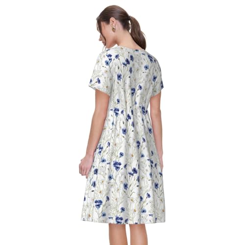 Robe d'été décontractée fleurs imprimées manches courtes col rond femme