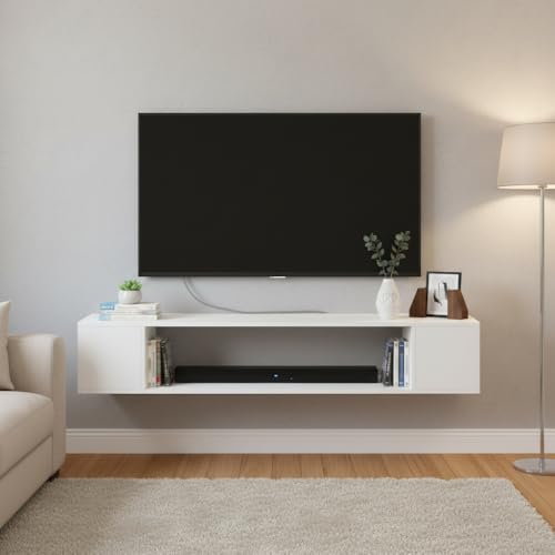 Image of FURNEASER Ether Modern Wall Mounted TV Unit with Floating Shelf | Wooden TV Entertainment Unit for Living Room | Engineered Wood Media Console for 43,50, 55 to 65 Inch TV (White)