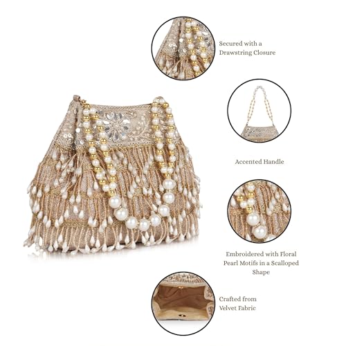 Image of Nevis PU Silk Women's Pearl & Bead Embellished Potli Bag with Beaded Handle | Designe Wedding & Festive Handbag