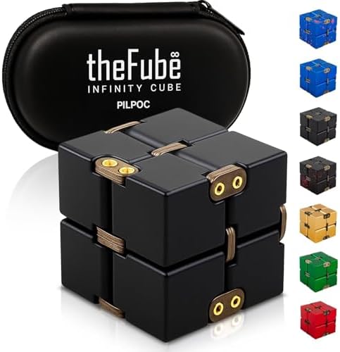 PILPOC theFube Fidget Cube Infinity Cube Desk Toy - Premium Quality Aluminum Infinite Magic Cube with Exclusive Case, Sturdy, Heavy, Relieve Stress and Anxiety, for ADD, ADHD, OCD (Black)