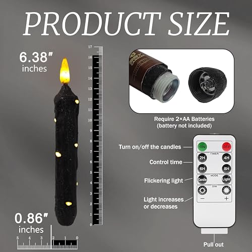 Image of 6.5 Inches Primitive Real Wax LED Flameless Short Candlesticks Hand Dipped Battery Operated Candles with Timer Remote Candles for Halloween Vintage Rustic Home Decor, Pack of 2(Black)