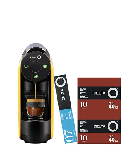 Delta Q Machine à Capsules MiniQool Jaune, Inclus 90 Capsules,19 Bars de Pression, Réservoir 0.6L. Inclus 2 x 40 Caps Qalidus et 10 Caps Décaféinées