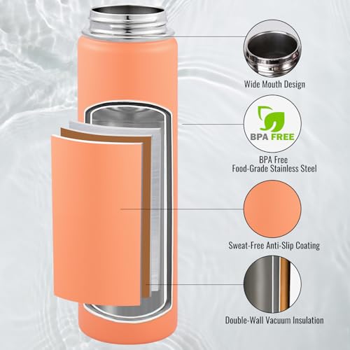 Image of Fijinhom Insulated Water Bottle with Handle, 304 Stainless Steel Water Bottles with Wide Mouth, Double Wall Vacuum Sports Water Bottle, BPA Free, Keep Cold and Hot, 24 Ounces, Coral