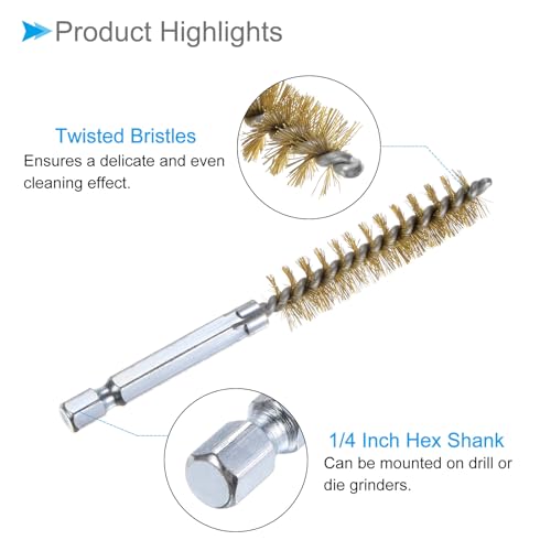 Image of Bore Brush, 12mm Dia 4 Inch Length, Brass Cleaning Wire Brushes with 1 /4 Inch Hex Shank - (Applications: for Power Drill, Die Grinder), 5-Pieces