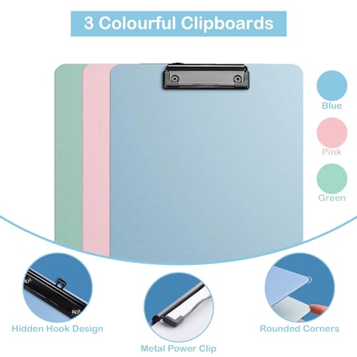 OT-NVWOZR 3 Stück Klemmbrett A4 Letter Size, Kunststoff-Klemmbrett mit Metalklemme, Plastik Clipboards Klemmbrettmappe für Büro Küche Büroangestellte Studenten Lehrer Rosa Blau Grün