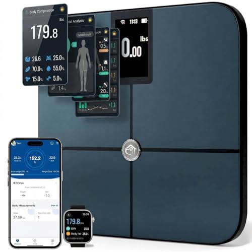 Body Smart Waage – Genaue WLAN- & Bluetooth-Badwaage für Körpergewicht, Fettanteil, BMI, Muskelmasse, Babygewicht – wiederaufladbar, TFT-LCD-Display, 25+ Metriken, 180 kg Kapazität (schwarz)