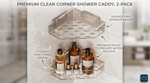 Image of Nieifi KIMEE Acrylic Corner Bathroom Shelf Organizer with Drain Holes - Transparent Triangle Storage Rack for Bathroom Counter, Kitchen Sink & Vanity Essentials, Space Saving Bath Caddy (Pack of 2)
