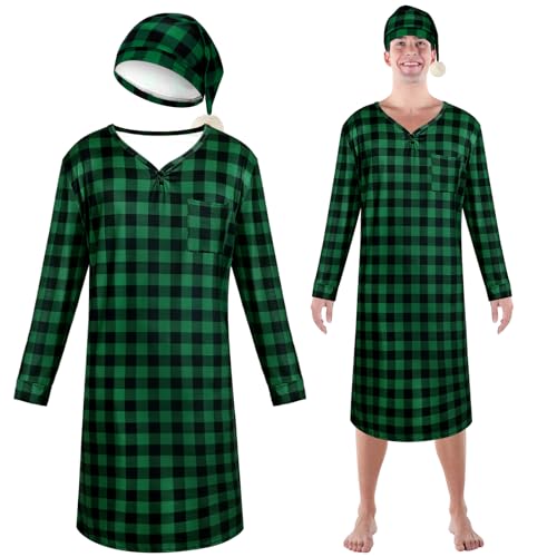 Janmercy Christmas Plaid Men's Sleep Shirt and Sleeping Hat Set Long Sleeve Pajama and Cap with Pom Balls for Men