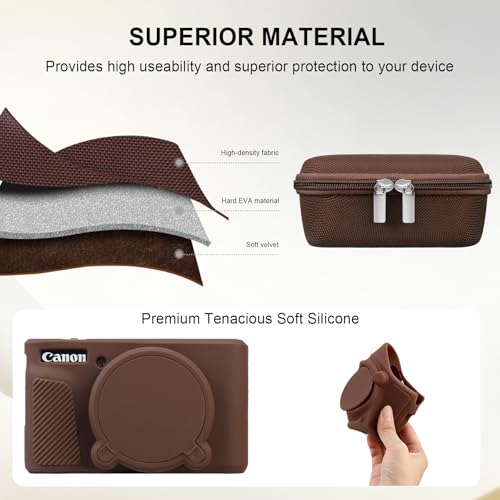 Image of Elonbo Camera Case for Canon PowerShot SX740 / SX730 Digital Camera, Canon SX740 / SX730 HS Hard Carrying Case + Soft Silicone Cover with Removable Lens Cover, Coffee Color