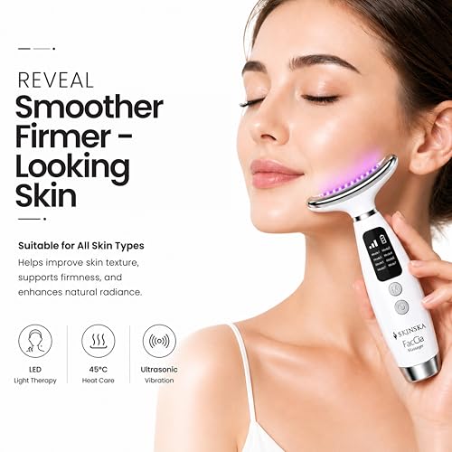 Image of Faccia 7 Color LED Facial Massager for Face & Neck | Red Light Therapy, Heat & Ultrasonic Vibration | Skin Tightening & Wrinkle & Anti-Ageing Device | 7 Intensity Levels | USB Rechargeable