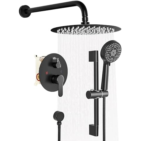 Fapully 10-Inch Shower System, Slide Bar Shower Faucets Sets Complete Round Shower Heads and 5-Spray Handheld Combo, Wall Mounted Matte Black Shower Faucet with Valve and Trim Kit Cover