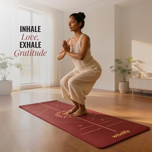Image of WiseLife Lotus Alignment 10mm Yoga Mat with Strap | Non-Slip Thick Exercise Mat for Yoga, Pilates, Gym & Flexibility Training (Wine)