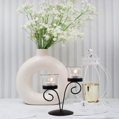 Image of HOSLEY Clear Glass Tealight Candle Holders|Black Tealight Candle Holders With Glass Holders Perfect For Home Decor Tabletop Centerpiece| Pack Of 1 With Pack Of 2 Tealights, Black Matty