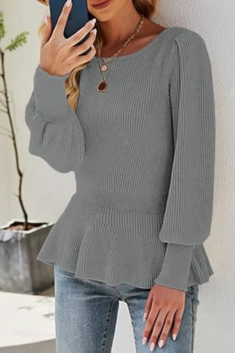 Image of Womens Fall Puff Sleeve Peplum Casual Slim Fit Knit Pullover Sweater Jumper Tops