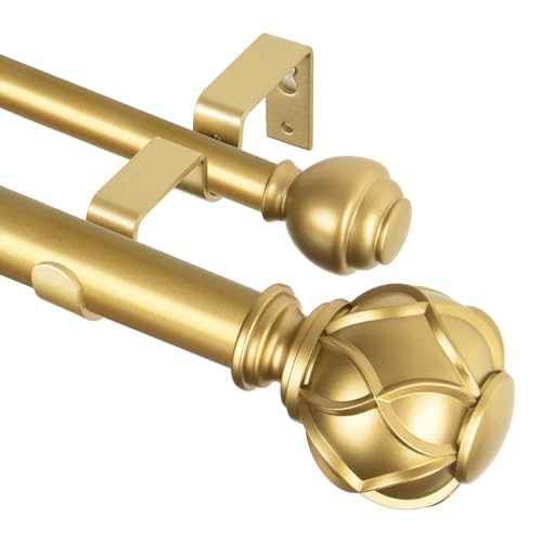 KAMANINA 1 Inch Double Curtain Rods for Windows 72 to 144 Inches (6-12 Feet),Warm Gold Heavy Duty Double Curtain Rod, Telescoping Drapery Rod with Netted Texture Finials