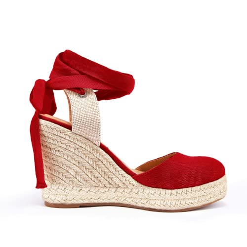Image of Nailyhome Women's Espadrille Wedge Sandals Closed Toe Lace Up Platform Ankle Wrap Summer Casual Shoes
