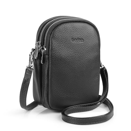 befen Black Genuine Leather Small Cell Phone Crossbody Bags Purses for Women Cross Body Bag Wallet