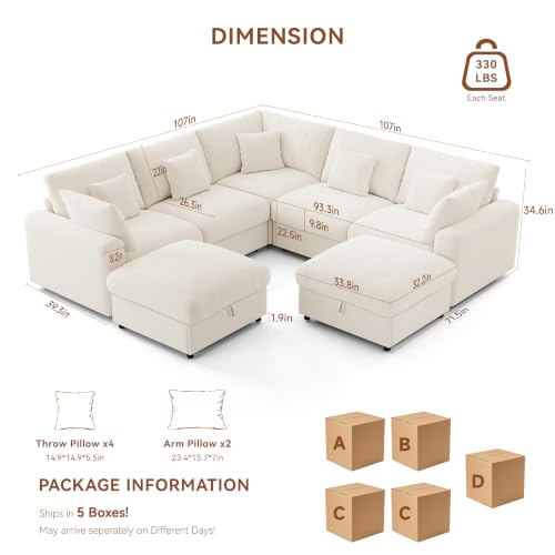 Image of Ihanherry Oversized Cloud Sectional Couches for Living Room, Modular Sectional Sofa with Wide Deep Seat, Coner Couch with Throw Pillow and Storage Ottoman, Beige