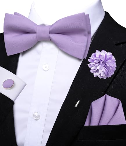 Image of Hi-Tie Bow Ties for Men Pre-Tied Pocket Square with Cufflinks Mens Bowtie Sets for Wedding Formal Party
