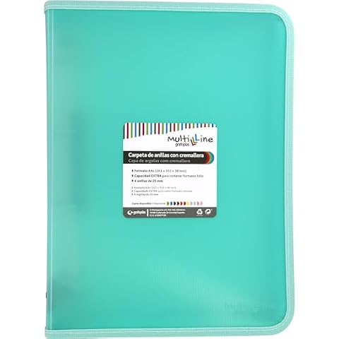 Grafoplás Segregator z zamkiem błyskawicznym A4+, pastelowa mięta, wieloliniowa, 4 mieszane pierścienie 25 mm, pionowa osłona polipropylenu w paski, dodatkowa pojemność na arkusze papieru w formacie