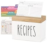 Dahey Wooden Recipe Box White Recipe Organizer with 100 Recipe Cards and 6 Dividers, Recipe Card Holder Box Set with Lid and Slots to Write in Your Own Recipes for Cooking Lover Kitchen, 6.9''x3.5''