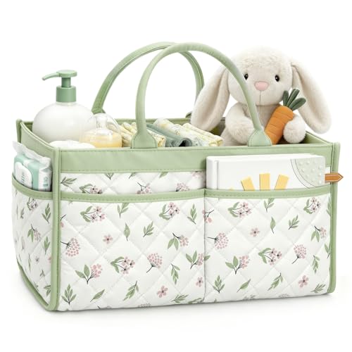Image of Tivellary Baby Diaper Caddy Organizer – Stylish Storage Basket for Newborn Essentials, Nursery & Diaper Station, Registry Must-Have, Sage Green Botanical