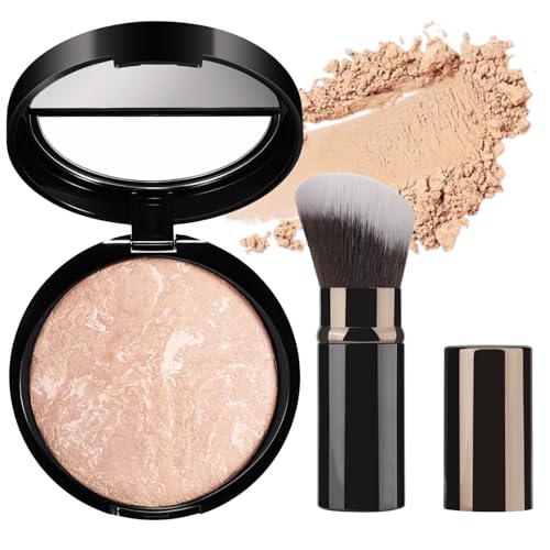 Colour Correcting Powder Foundation with Brush – Baked Foundation for Mature Skin, Brightening & Illuminating Pressed Powder, Medium to Full Coverage, Long-Lasting Oil Control Smooth Makeup,#03 Light