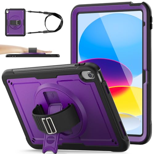 SEYMAC stock Funda para iPad A16 11ª/10ª Generación 11''/10,9'' 2025/2022, Funda Resistente con Protector de Pantalla [Soporte/Correa de Mano Giratorio de 360°] y Bandolera, Púrpura