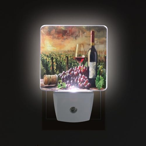 Image of Grapes Wine Glass Bottle Night Lights 2 Pack Plug-in Wall Led Nightlight Auto Dusk-to-Dawn Sensor Lamps for Bedroom Kitchen Bathroom