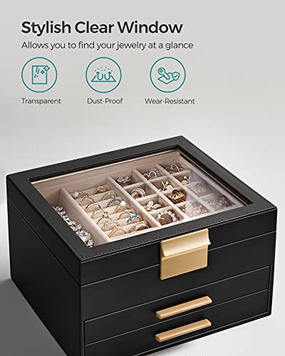 image for SONGMICS Jewelry Box Organizer with Glass Lid, 3-Layer Jewelry Storage
