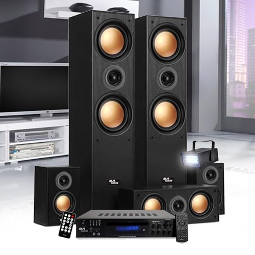 Evidence Acoustics Pack Home-Cinéma EA950-PG - 5 Enceintes 850W - Ampli 5.1 USB BT FM - 4 x75W, 3 x20W - Mini Strobe en Cadeau