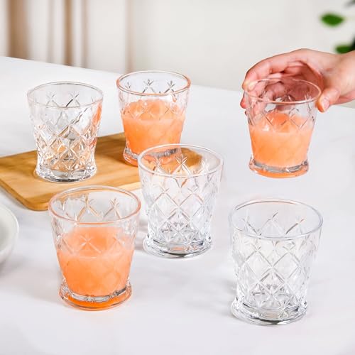 Image of Nestasia Transparent Set of 6 Small Juice Glasses (245 ml Each) - 100% Food Safe & Chip Resistant Diamond Cut Tapering Tumblers - Ideal for Water, Tea, Coffee & Refreshments
