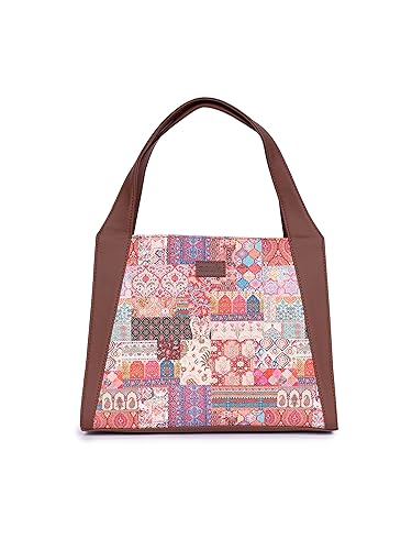 Image of ZOUK Printed Jute Handcrafted Vegan Leather Grey Women's Stylish Tote Bags | Trapezia Tote| Shoulder bag with double handle
