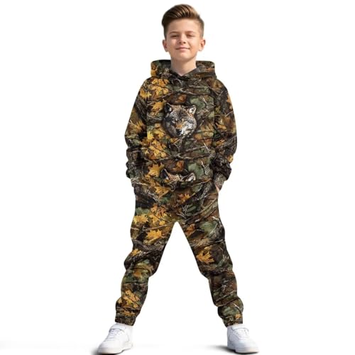 Pensura Girls 2 Pieces Sweatsuits Pullover Wolf Camo Hunting Hoodie Sweatshirt and Jogger Pants Boys Fashion Tracksuit Set Outfits Casual Clothes Fall Winter Clothing