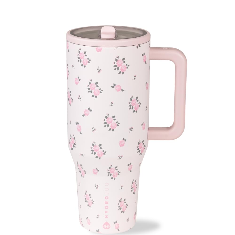 Hydrojug Women's Wildrose Traveler - 32 Oz Water Bottle With Handle & Flip Straw - Fits In Cup Holder, Leak Resistant Tumbler-Reusable Insulated Stainless Steel & Rubber Base - Gifts For & Men,