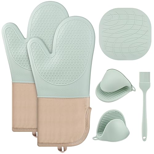 Hisdricus Set de 6 Guantes para Horno, Manoplas de Silicona para Cocina, Manoplas Cocina Resistentes al Calor, Antideslizantes, Guantes de Cocina para Cocinar, Hornear y Asar a la Parrilla (Verde)