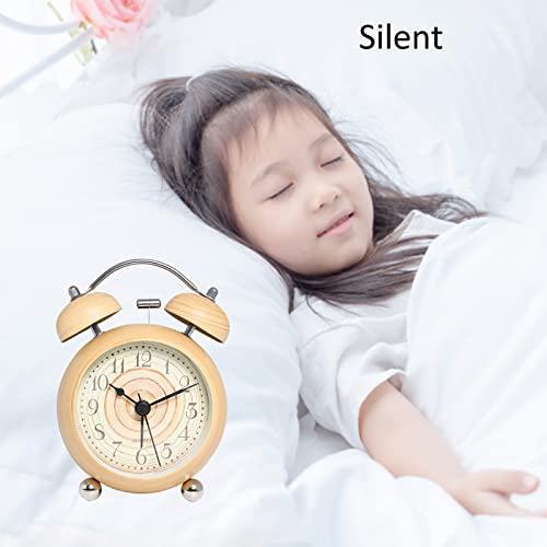 Justup Silent Table Alarm Clock, 3.5 Inch Creative Wood Grain Metal Clock With Backlight, Battery Powered Analog Clock With Hd Glass, Decor Twin Bell Clock For Bedroom Living Room Office (Khaki) #TOP3