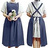 Cute Retro Cotton Linen X-Back Aprons Home Kitchen Garden Art Painting Pinafore Florist Shop Overalls (Darkblue, 39L)