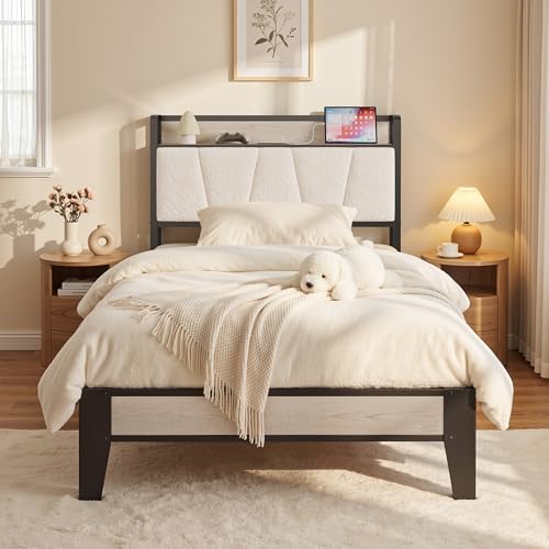 Image of LIKIMIO Twin XL Bed Frames, Boucle Storage Headboard with Charging Station, Solid and Stable, Noise Free, No Box Spring Needed, Easy Assembly
