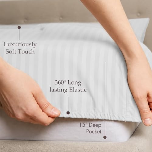 Image of Threadmill 600TC Cotton Twin XL Sheet Set, Sateen, Damask Stripe, White
