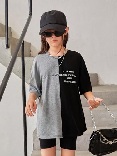 Image of OYOANGLE Girl's Graphic Print Colorblock Half Sleeve Round Neck Shirt Tops Summer Casual Loose Tee Shirts