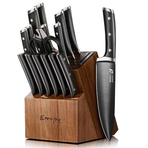 Comparison: Best Rust Proof Knife Set 4 Knife Set, Emojoy 17-Piece Kitchen Knife Set with Heavy-Duty Acacia Block, Premium Titanium Stainless Steel Knife Block Set with Built-in Sharpener, Rust Proof