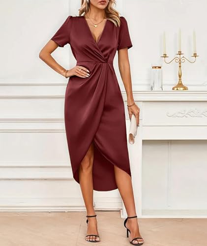 Image of Sexyshine Women's Wrap V Neck Short Sleeve Satin Midi Dress Split Hem Ruched Pleated Formal Evening Party Dresses