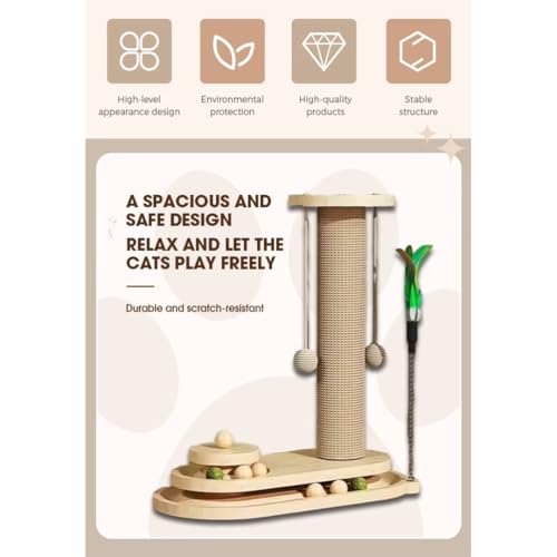 Image of Solid Pine Wood Cat Toy Scratching Post with Roller Ball Track, Catnip Balls & Feather Teaser - Sisal Scratcher Tower for Indoor Cats, Durable Wooden Toy- Single Tower